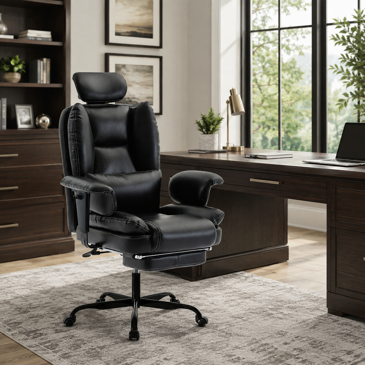 Alvik black office chair showing a reclining workspace setup with extended footrest in a home office