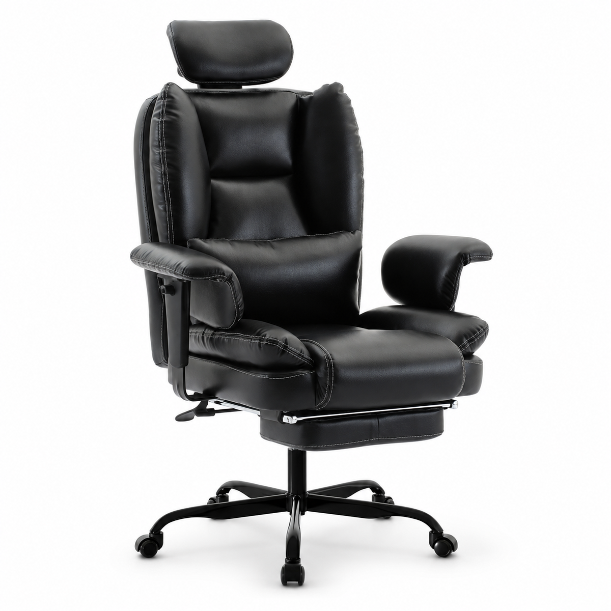 Alvik black office chair showing an angled front view with adjustable headrest and footrest