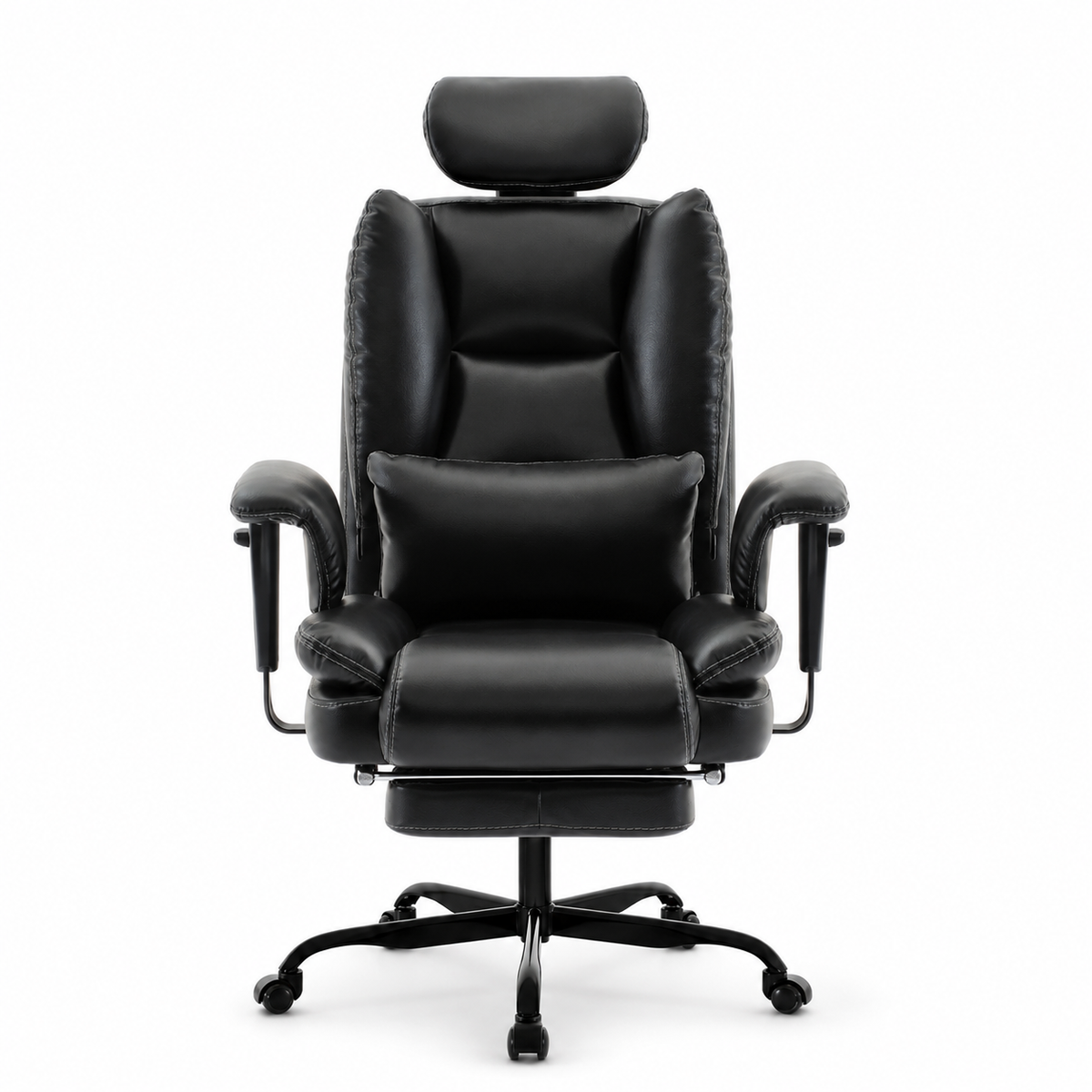 Alvik black office chair showing the front view with padded armrests and adjustable headrest