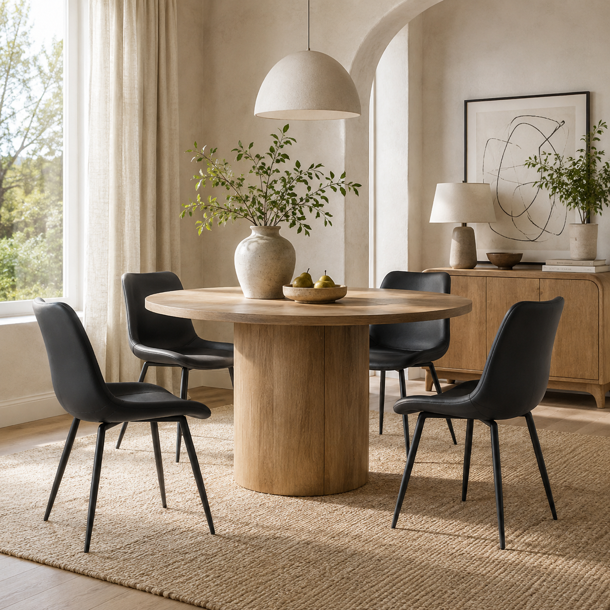 Amalfi black faux leather dining chairs in a modern dining room with neutral decor