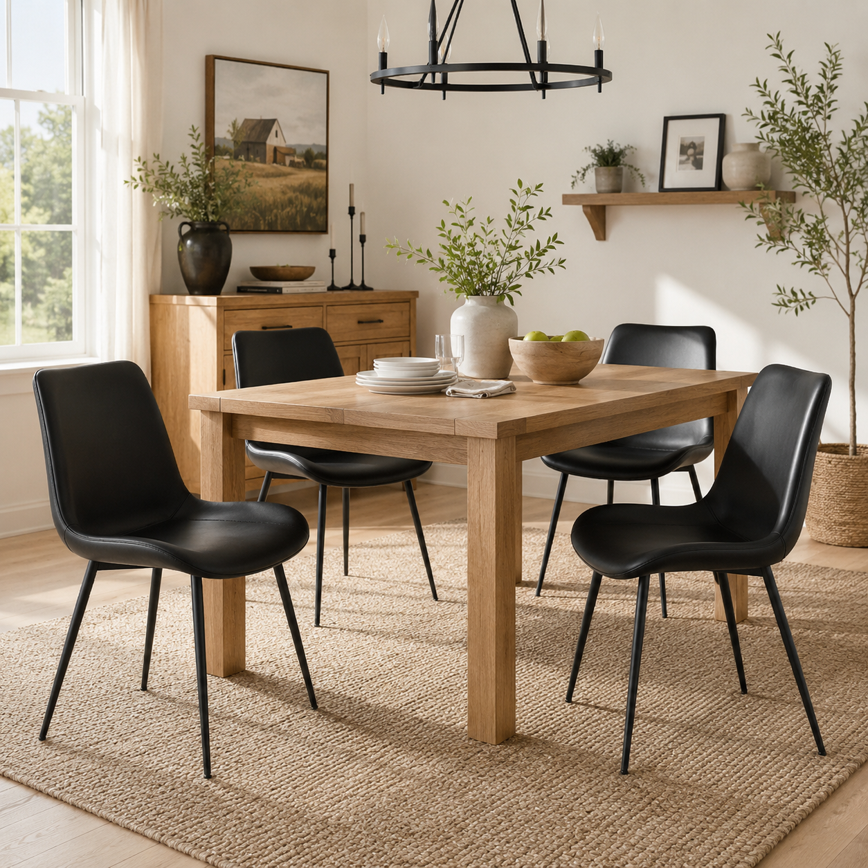 Amalfi black dining chair set around a wood dining table in a contemporary dining area