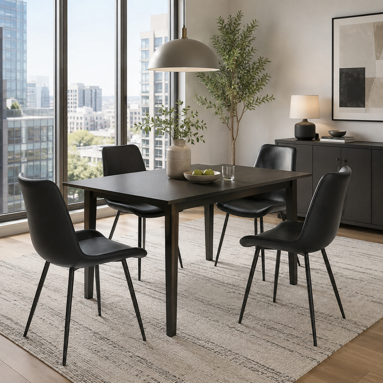 Amalfi black faux leather dining chairs in a warm dining room with wood finishes