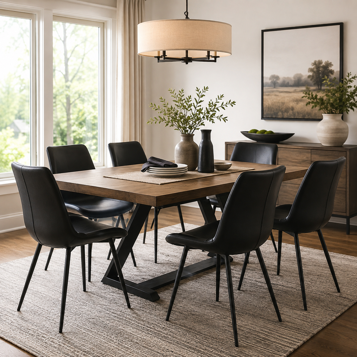 Amalfi black faux leather dining chairs with black metal legs arranged around a wood dining table
