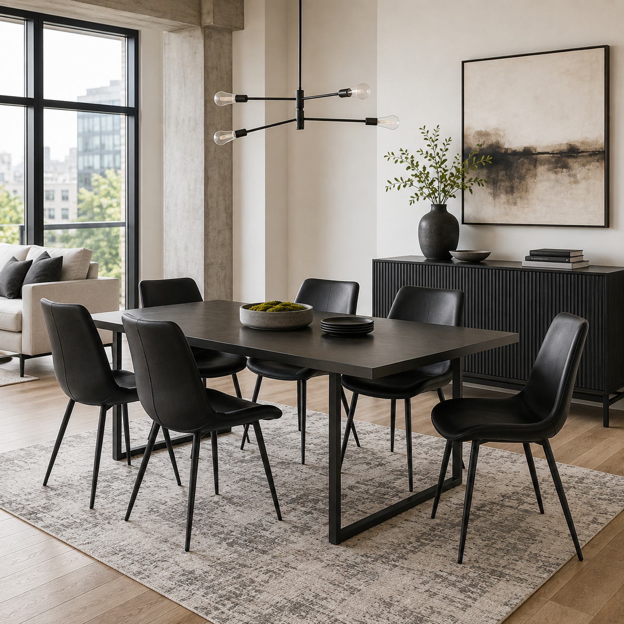 Amalfi black dining chairs in a bright dining room with a round wood table and plants