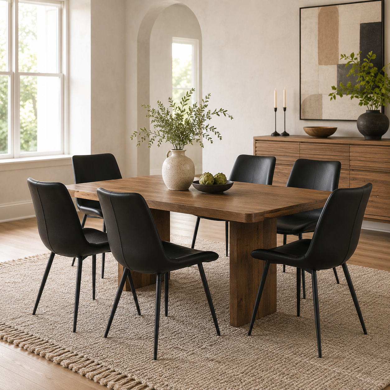 Amalfi black faux leather dining chairs in a modern dining room with neutral decor