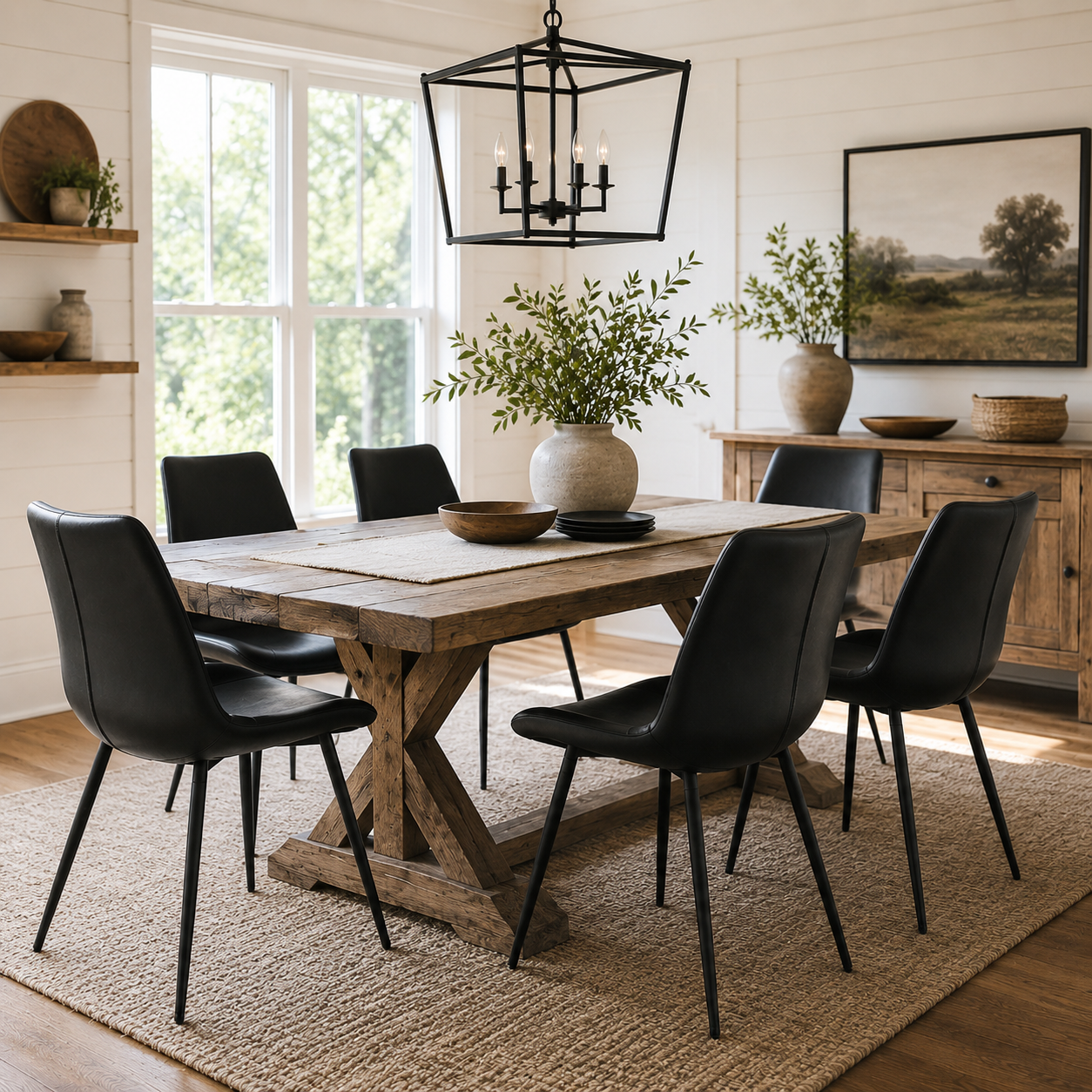 Amalfi black dining chair set around a rectangular wood table in a contemporary dining area