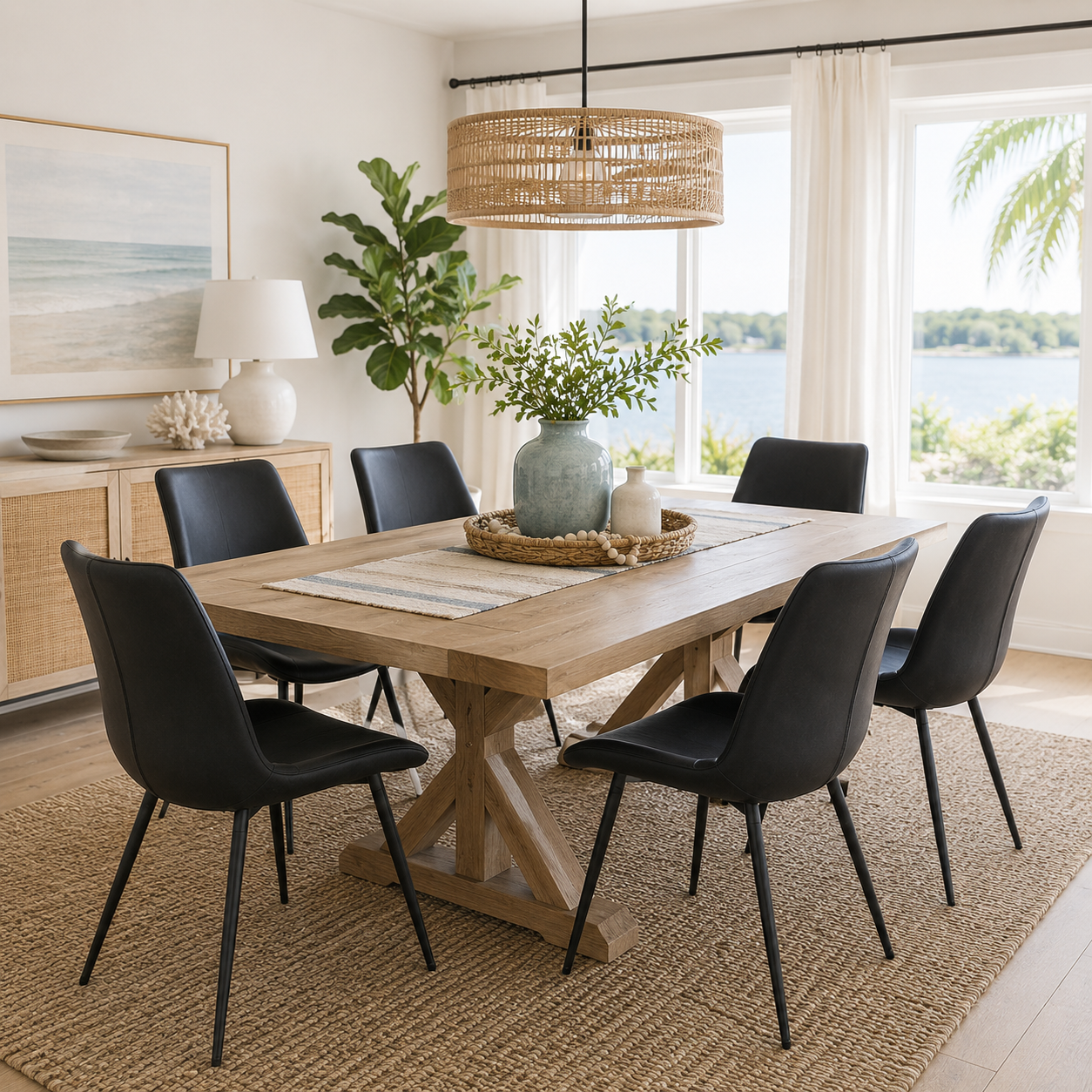 Amalfi black faux leather dining chairs in a warm dining room with natural wood furniture