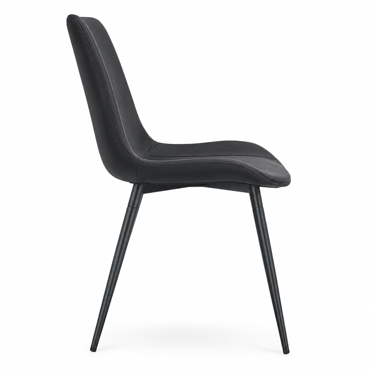 Amalfi black faux leather dining chair side view with black metal legs on white background