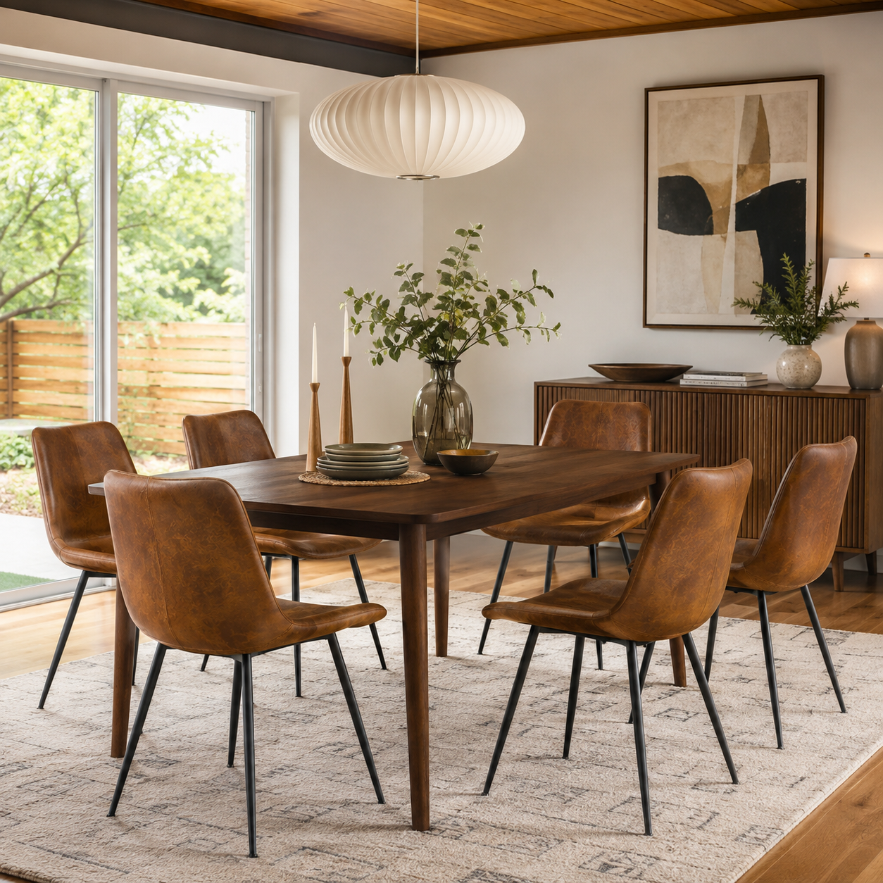 Amalfi brown suede dining chairs with black metal legs arranged around a wood dining table