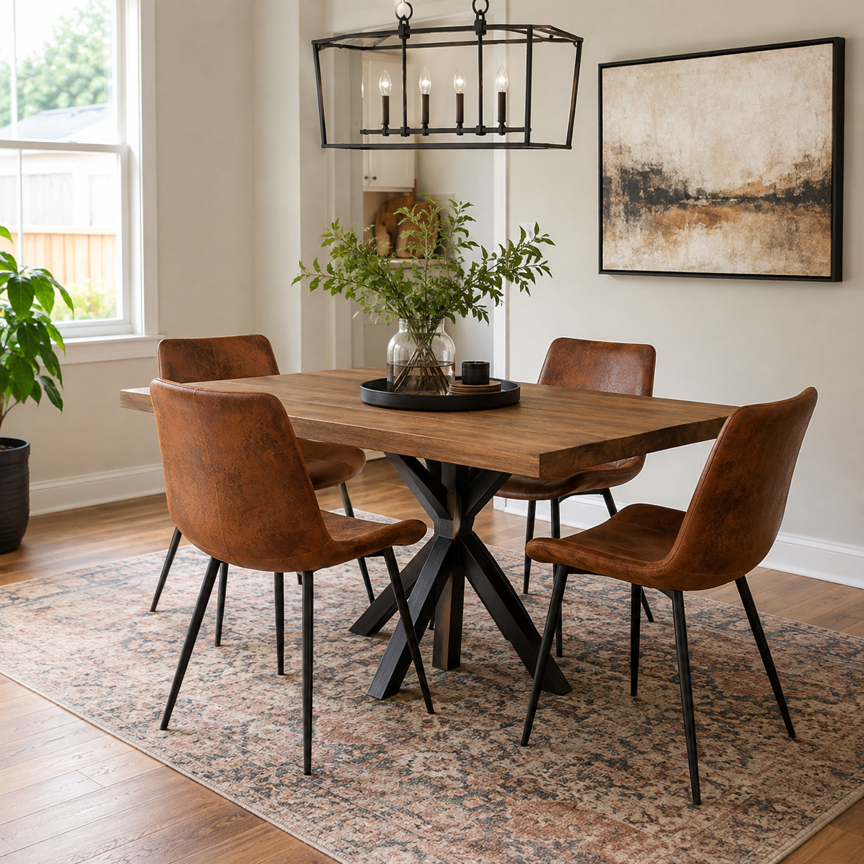 Amalfi brown suede dining chairs with black metal legs arranged around a wood dining table