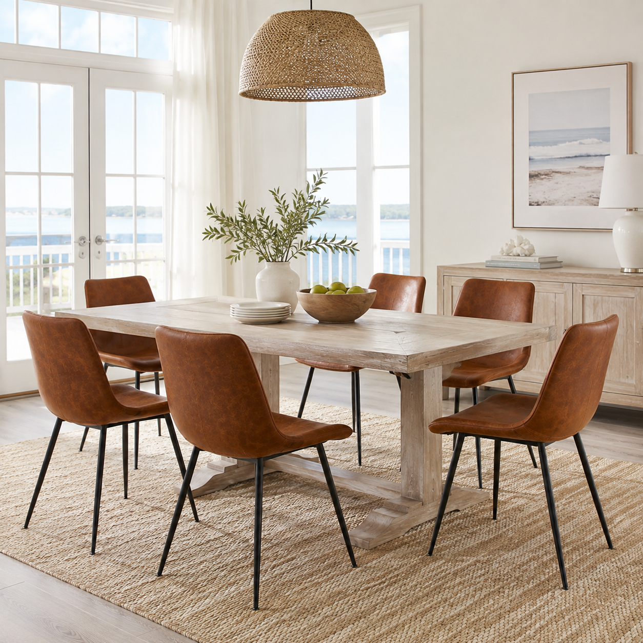 Amalfi brown suede dining chairs in a bright dining room with round wood table and natural decor