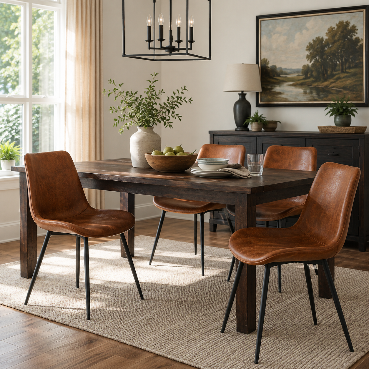 Amalfi brown suede dining chairs in a bright dining room with a rectangular wood table