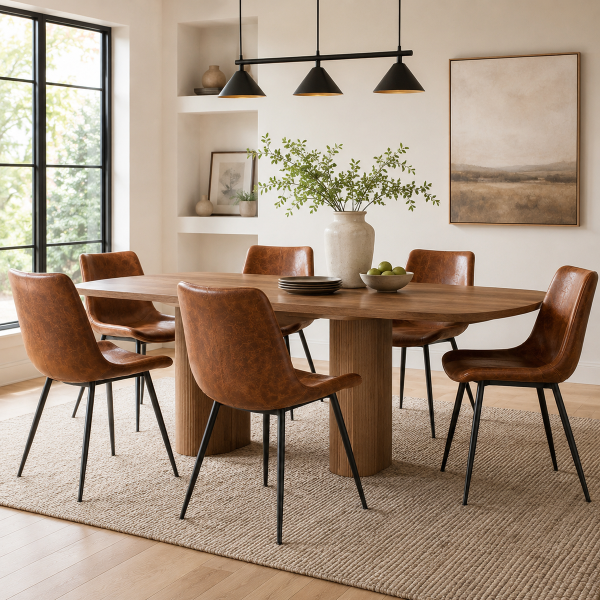 Amalfi brown dining chairs with black metal legs in a warm modern dining room