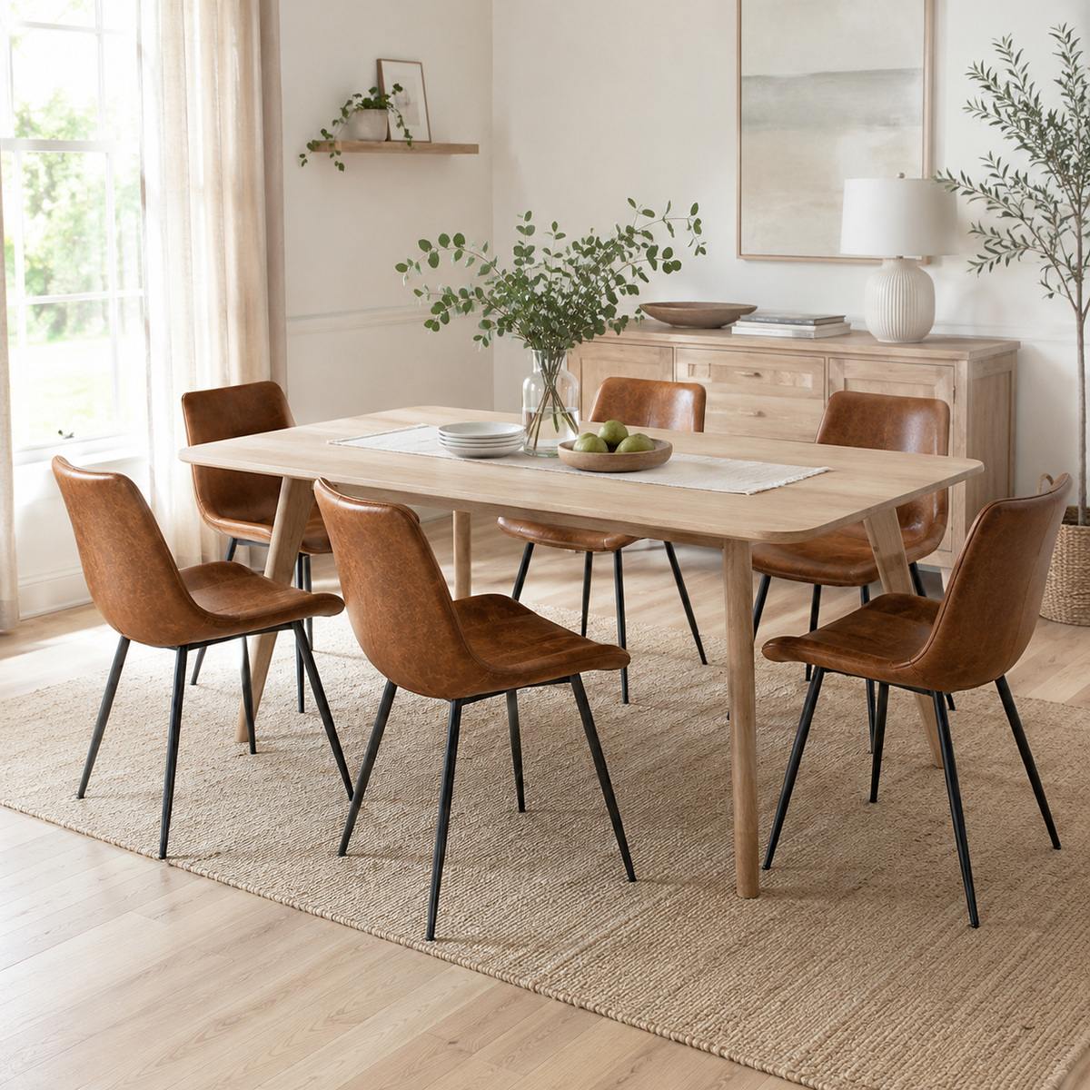 Amalfi brown suede dining chair set around a wood table in a softly lit dining space