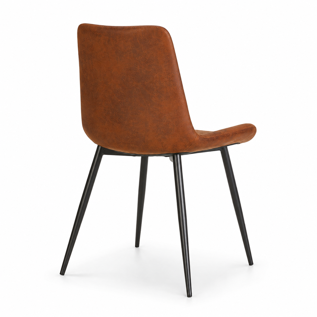 Amalfi brown suede dining chair rear angled view with black metal legs on white background