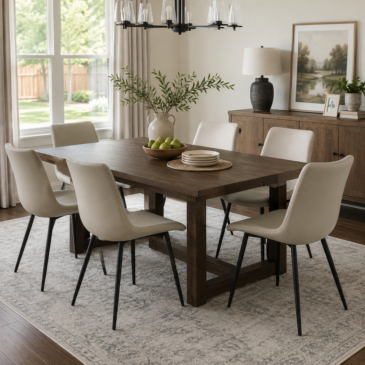 Amalfi light grey faux leather dining chairs with black metal legs around a wood dining table