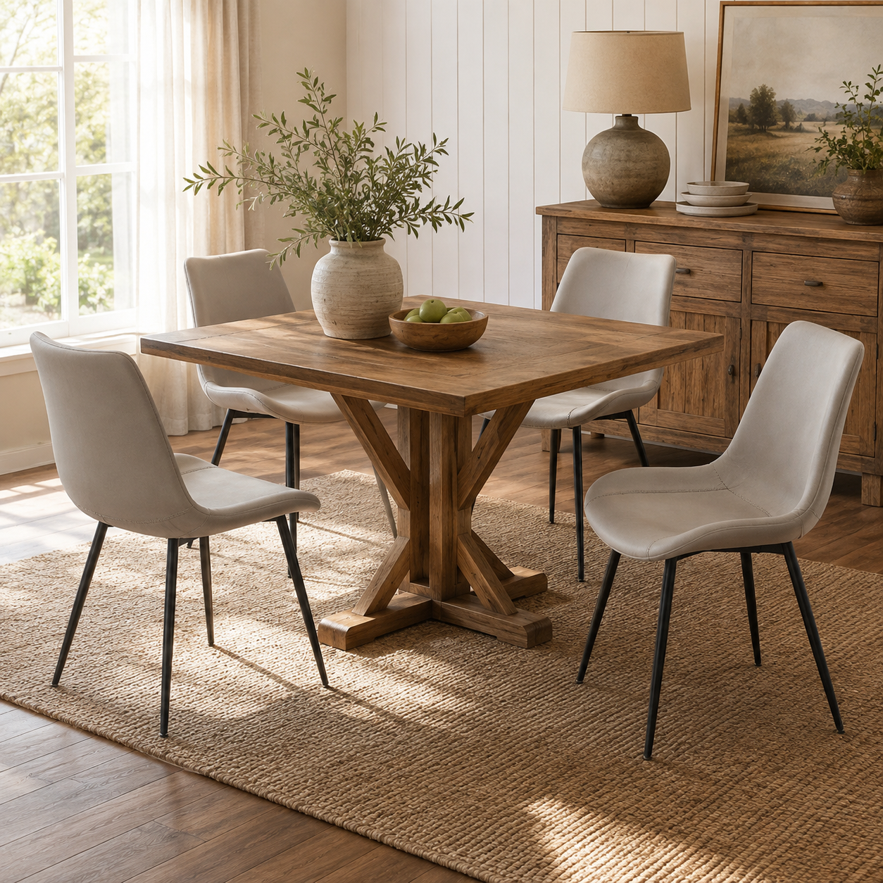 Amalfi light grey faux leather dining chairs with black metal legs around a  wood dining table