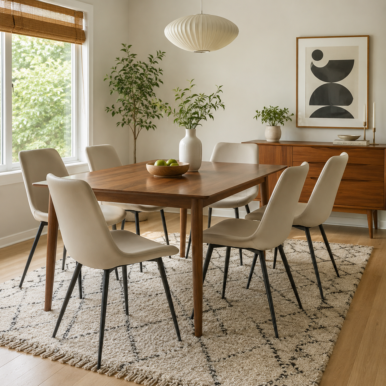 Amalfi light grey dining chairs in a bright dining room with natural wood furniture