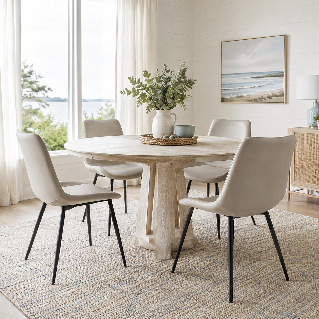 Amalfi light grey dining chairs in a bright dining room with natural wood furniture