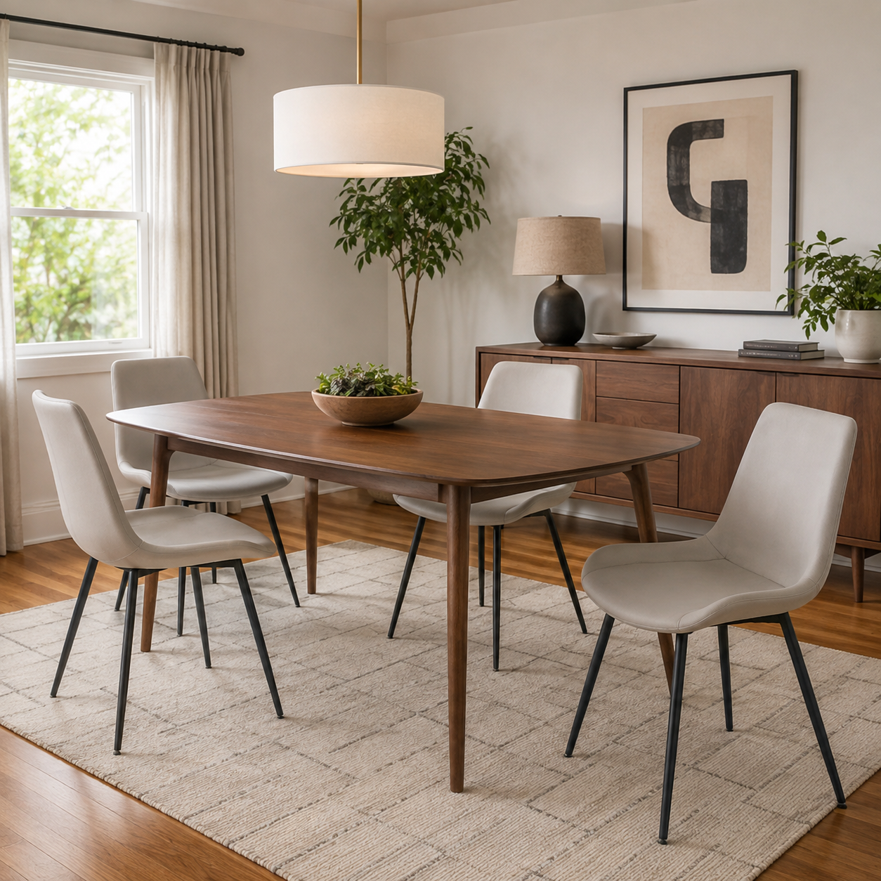 Amalfi light grey faux leather dining chairs in a warm modern dining space