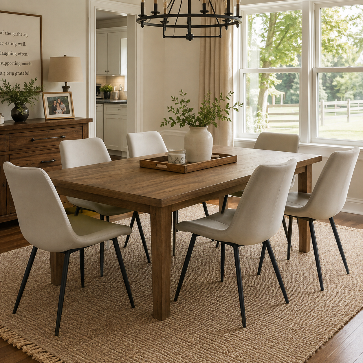 Amalfi light grey dining chair set around a rectangular table in a modern dining room
