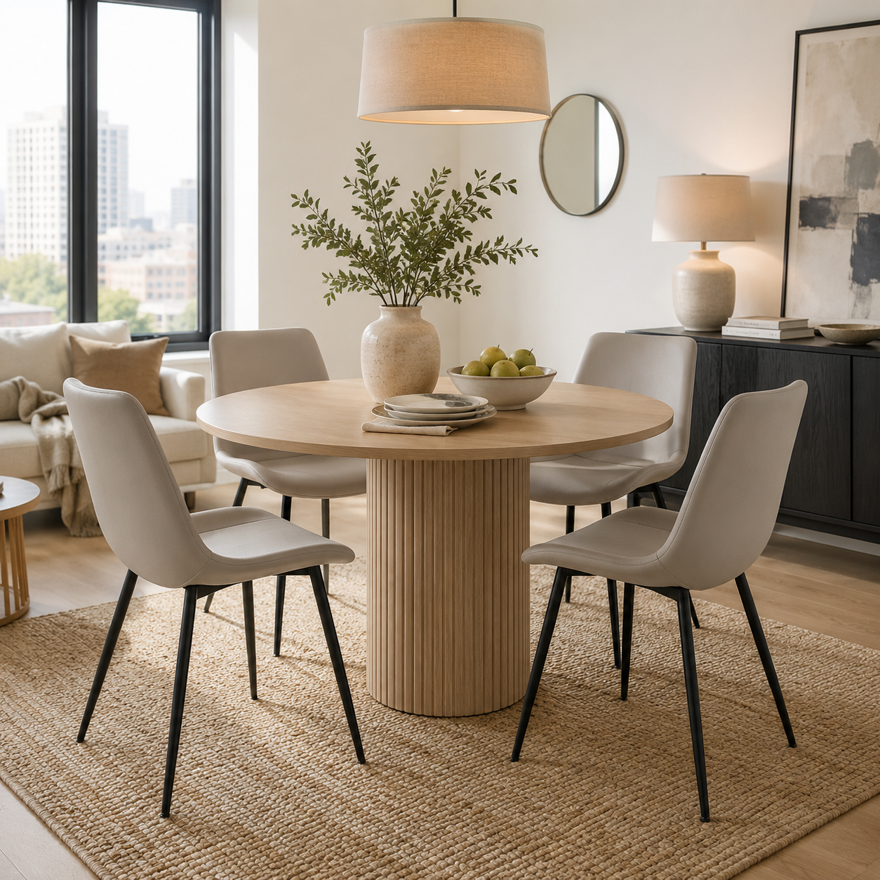 Amalfi light grey dining chair set around a wood dining table in a sunlit room