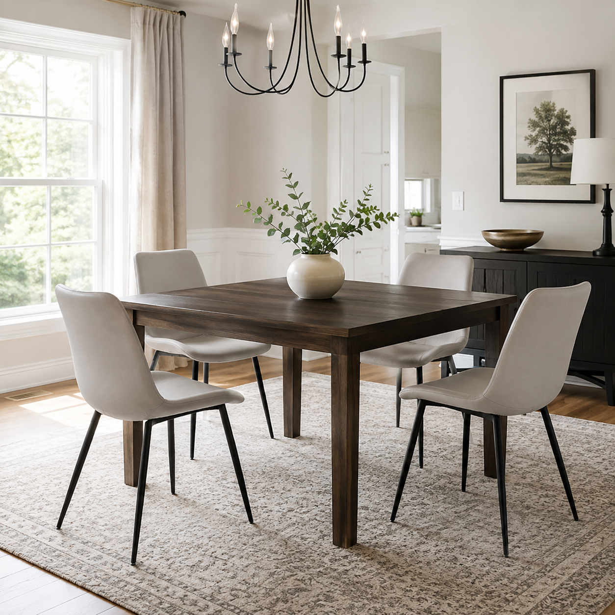 Amalfi light grey dining chair set around a wood dining table in a sunlit room