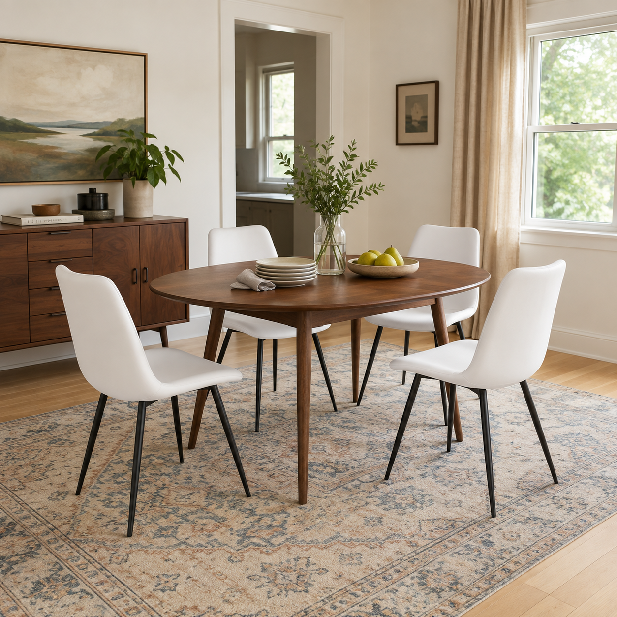 Amalfi white faux leather dining chairs with black metal legs arranged around a wood dining table