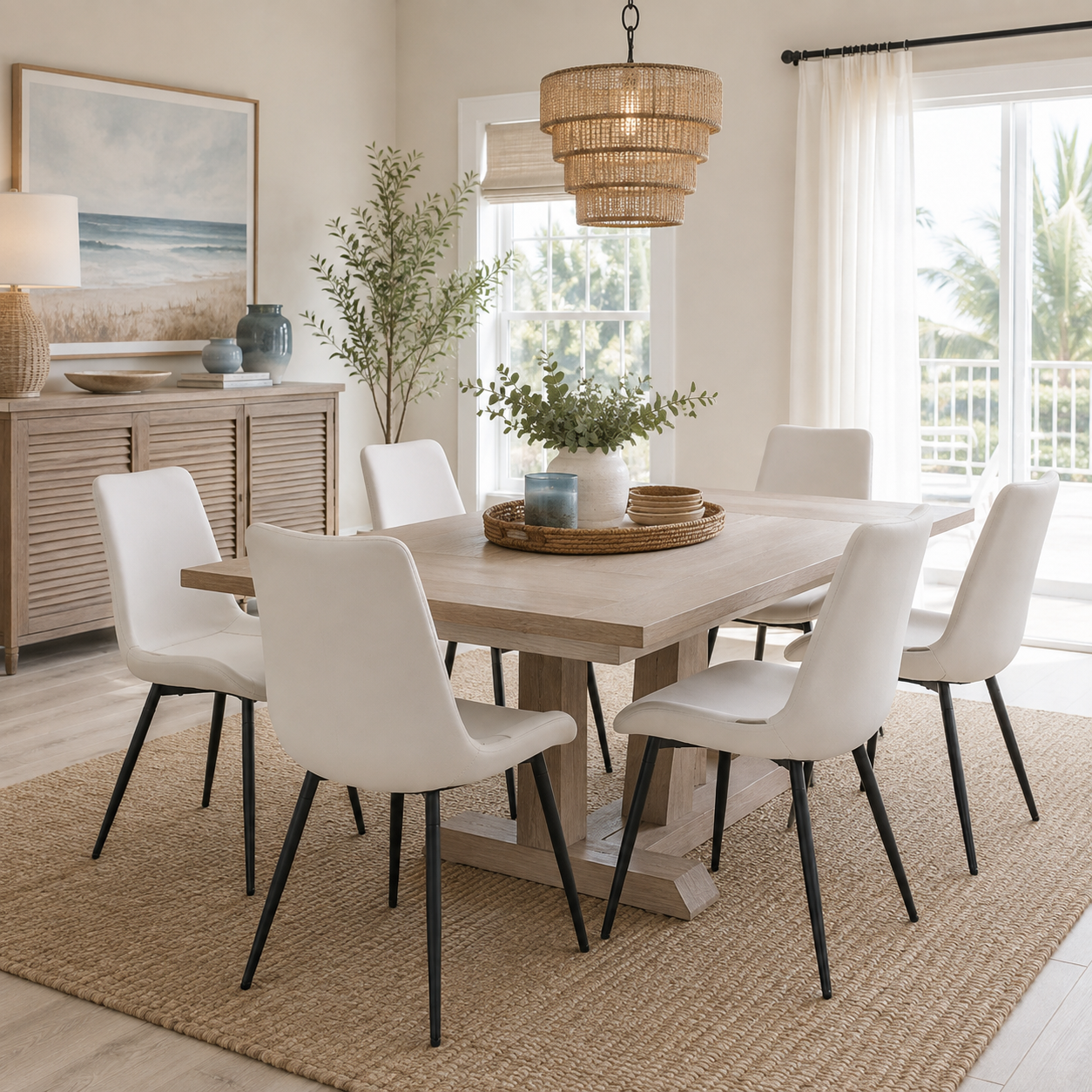 Amalfi white faux leather dining chairs with black metal legs around a round wood dining table