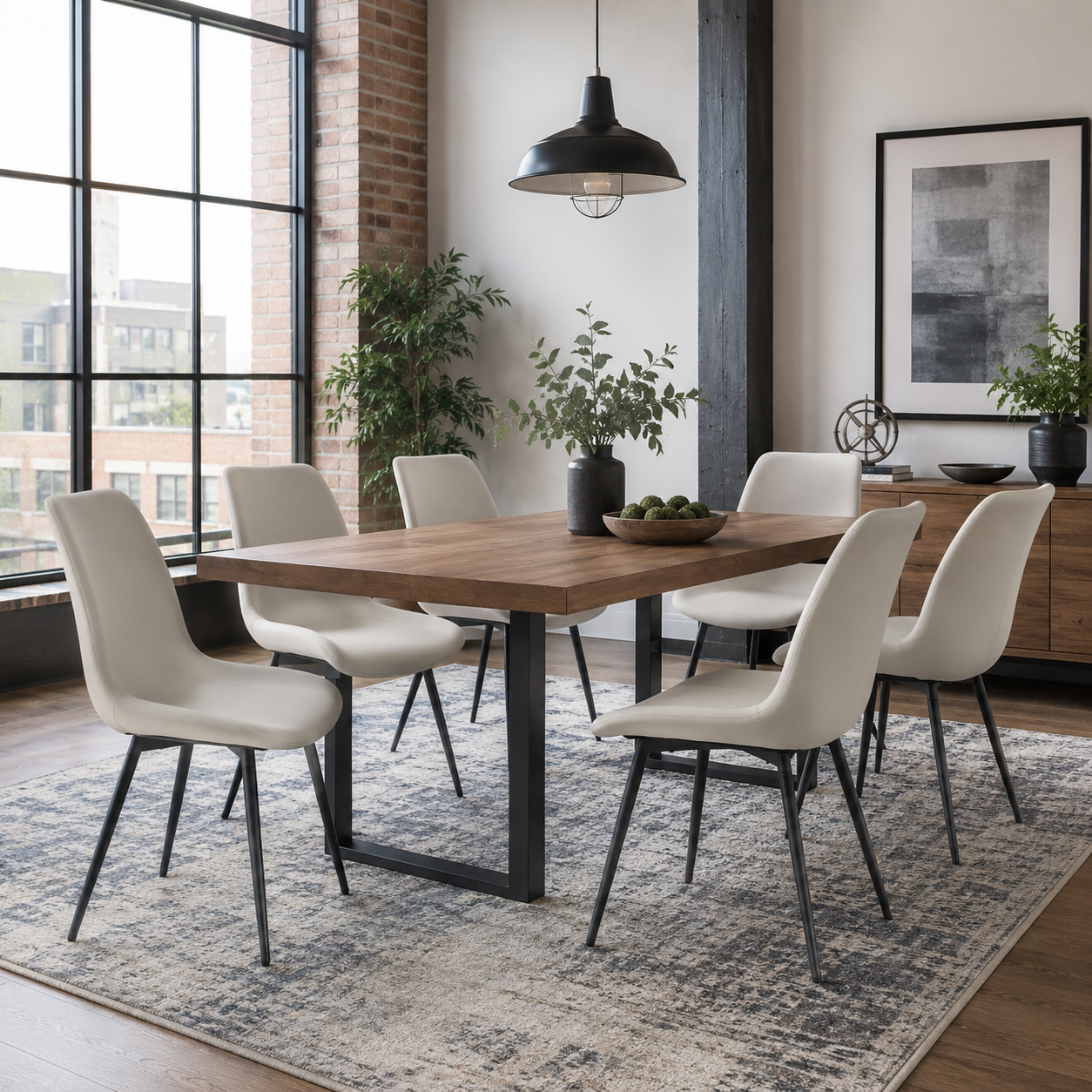 Amalfi white dining chairs in a bright dining room with a wood table and natural decor