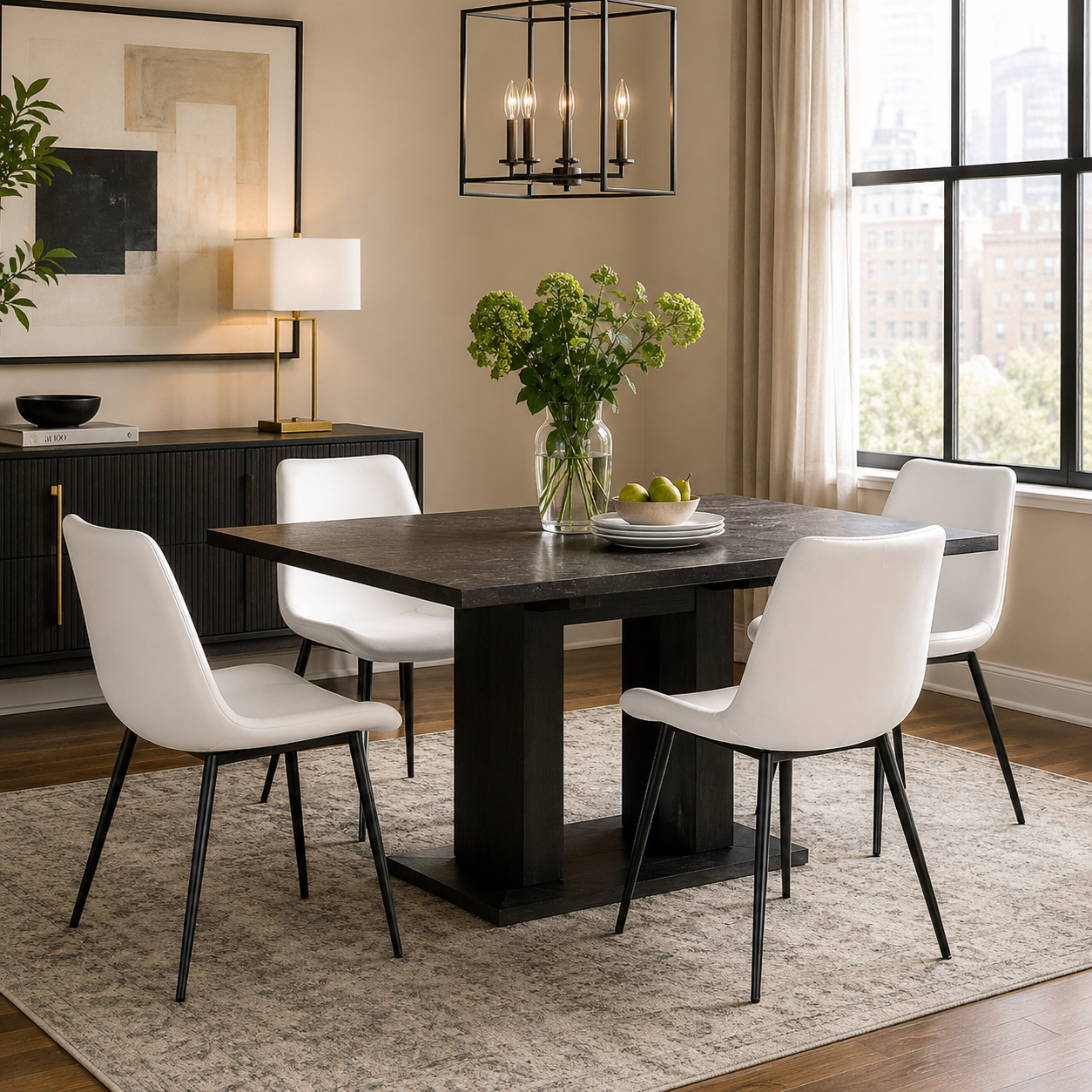 Amalfi white faux leather dining chairs in a warm dining space with natural decor