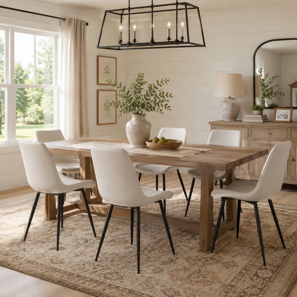 Amalfi white faux leather dining chairs arranged in a warm contemporary dining room
