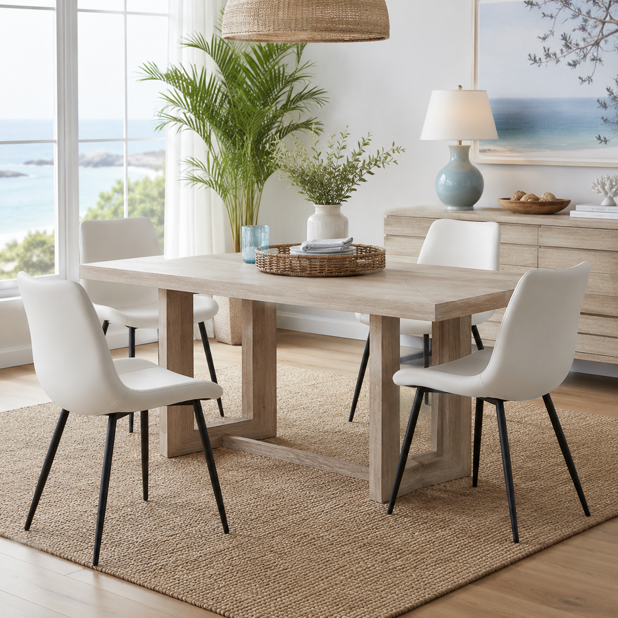 Amalfi white dining chair set around a wood dining table in a sunlit dining room