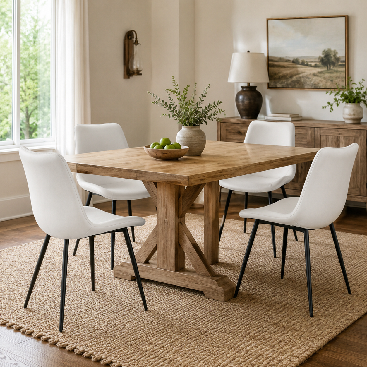 Amalfi white faux leather dining chairs in a modern room with black metal accents