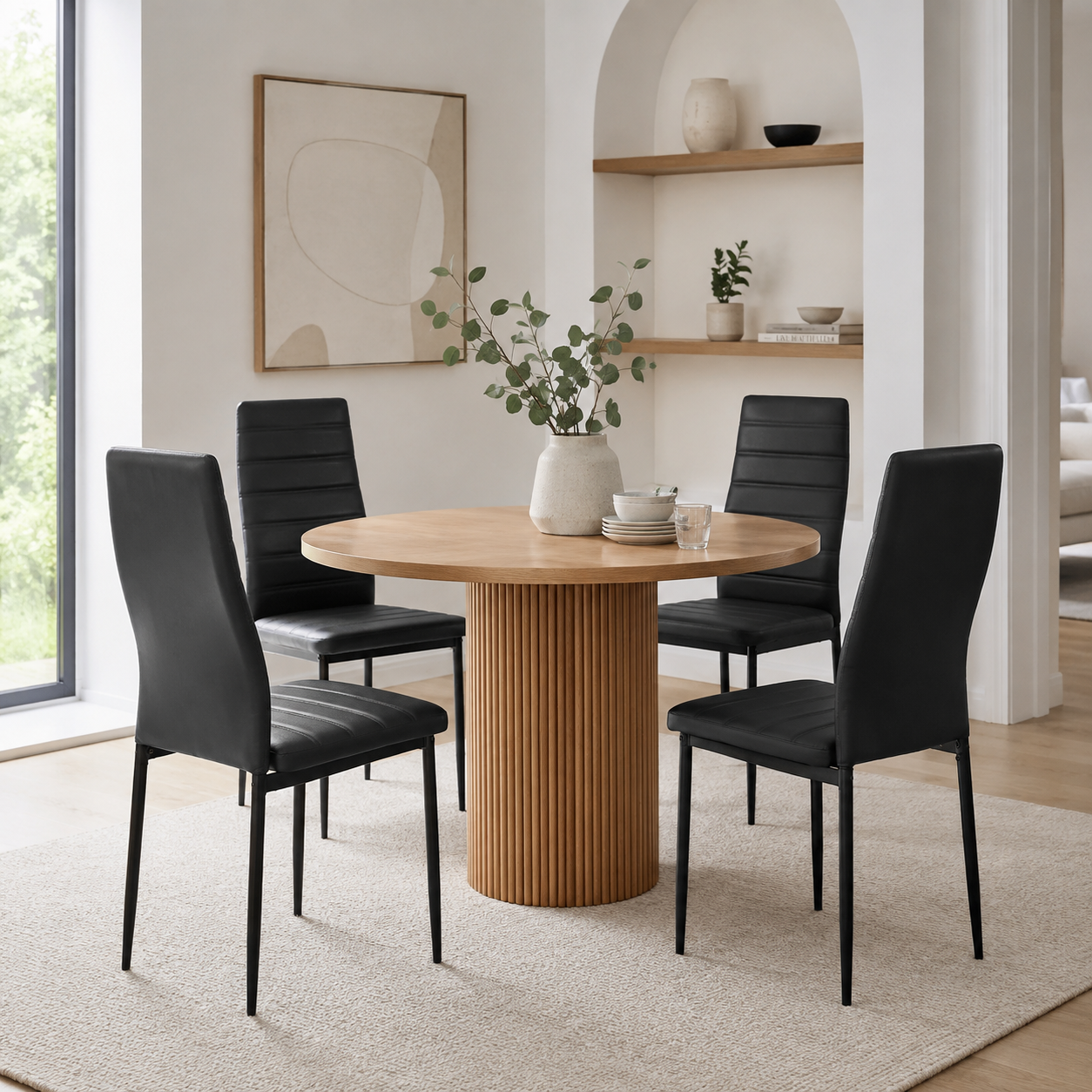 Ann black high back upholstered dining chairs with black metal legs set of 4 around a round dining table in a dining room