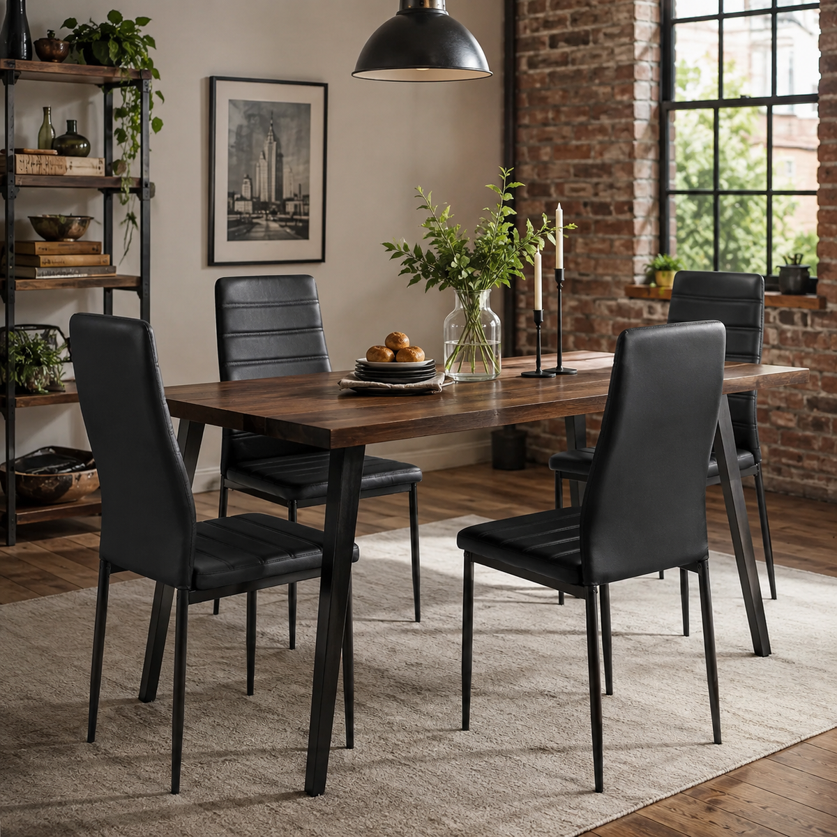 Ann black high back upholstered dining chairs with black metal legs set of 4 in a modern dining room