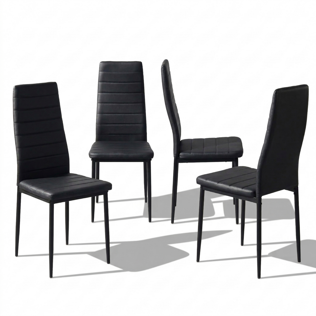 Ann black high back upholstered dining chairs with black metal legs set of 4 on white background