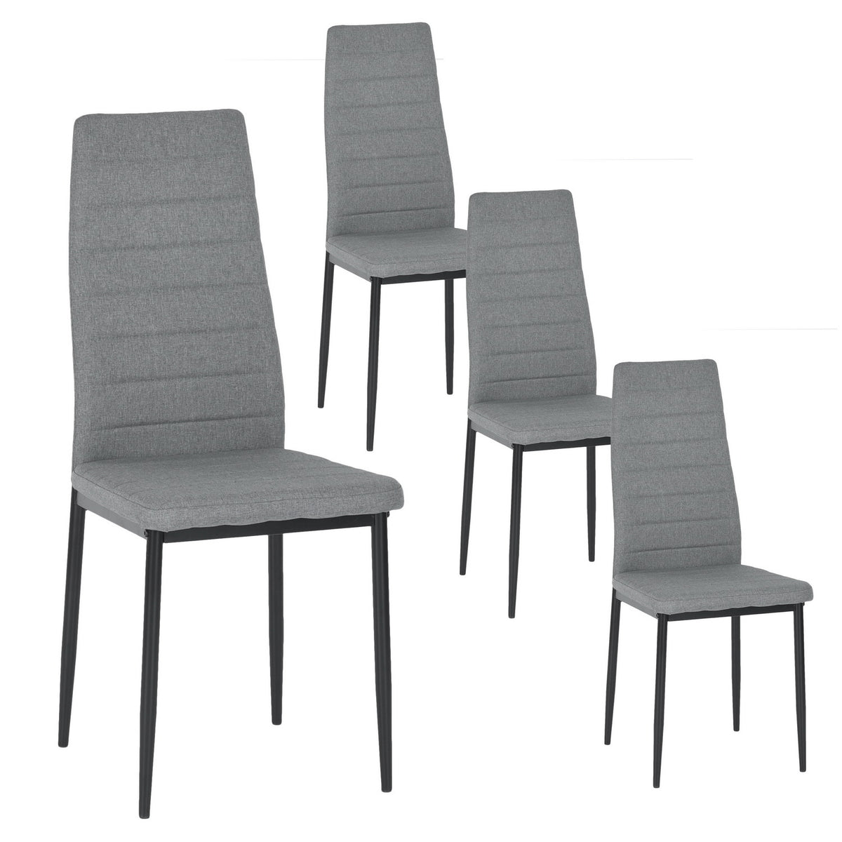 Ann grey high back upholstered dining chairs with black metal legs set of 4 on white background