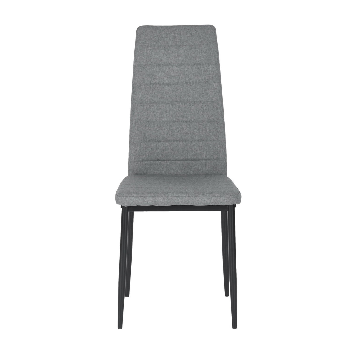 Ann grey high back upholstered dining chair with black metal legs front view on white background