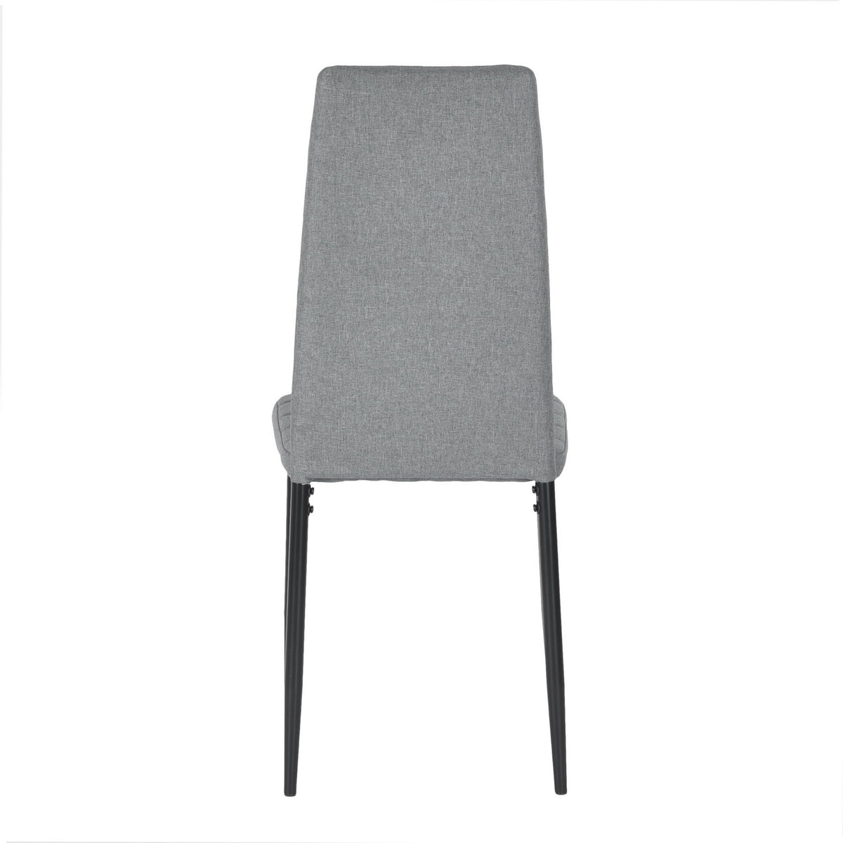 Ann grey high back upholstered dining chair with black metal legs rear view on white background