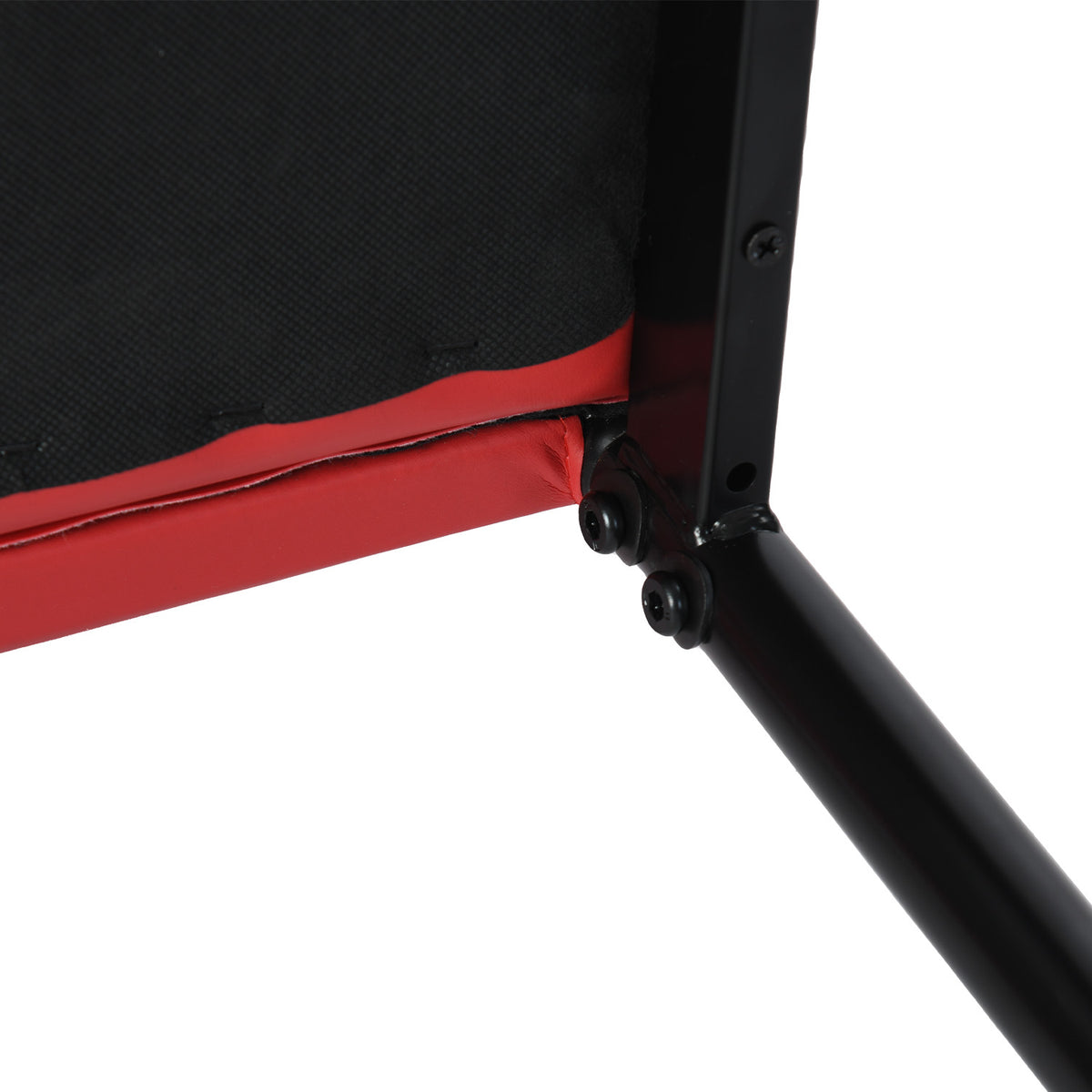 Ann red dining chair showing black metal leg detail