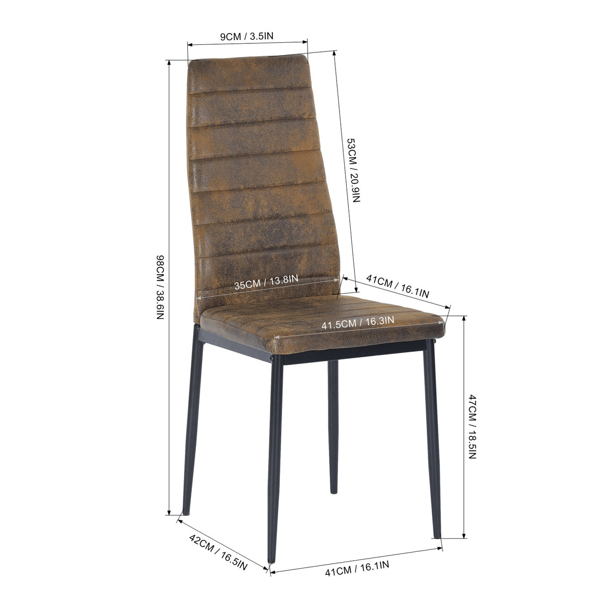 Ann suede brown high back upholstered dining chair showing dimensions
