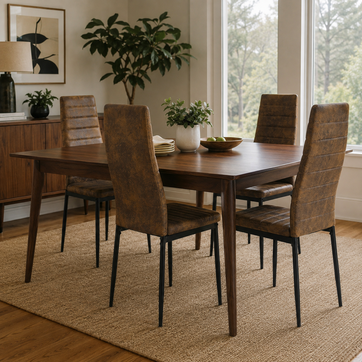 Ann suede brown high back upholstered dining chairs with black metal legs set of 4 around a wooden dining table in a dining room