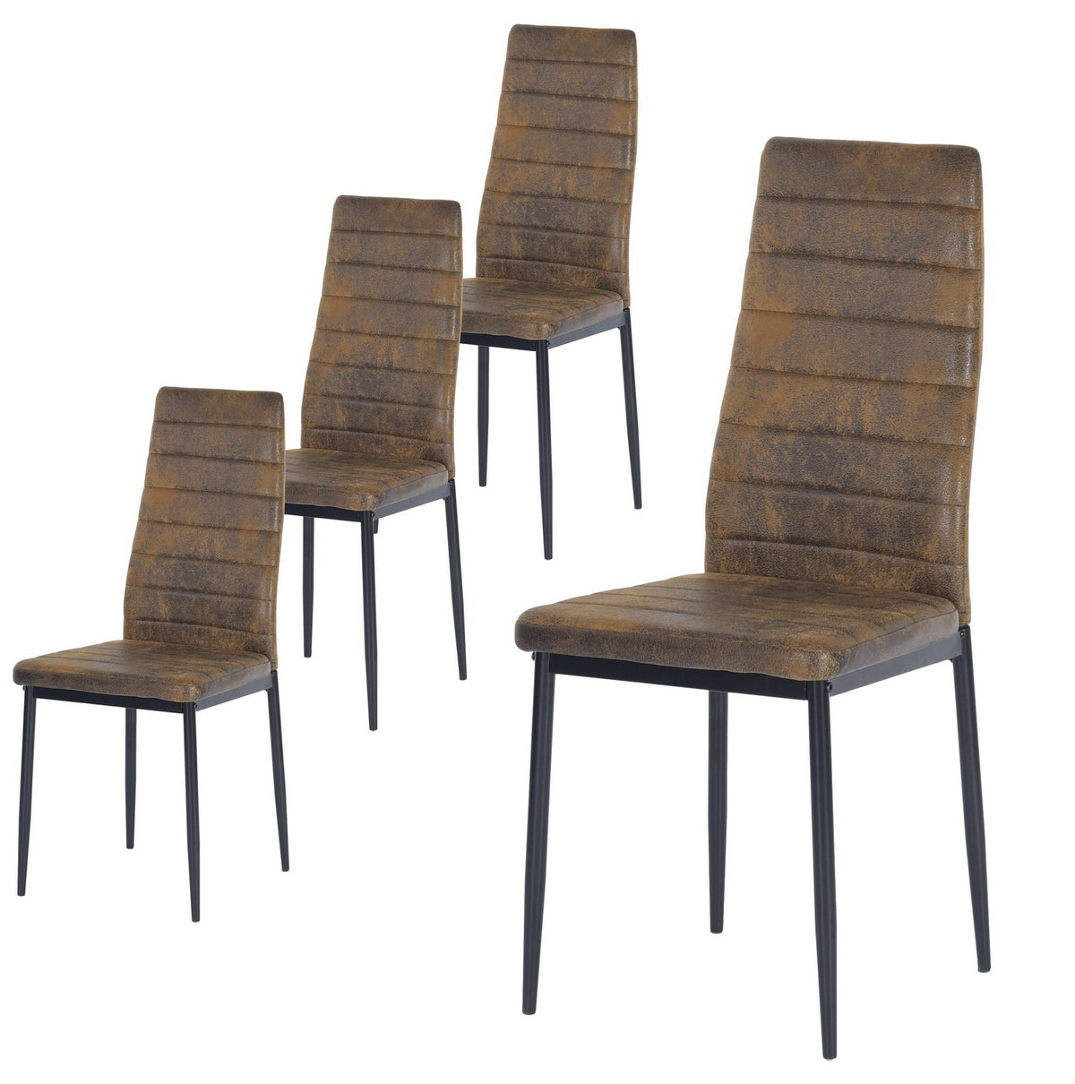Ann suede brown high back upholstered dining chairs with black metal legs set of 4 on white background
