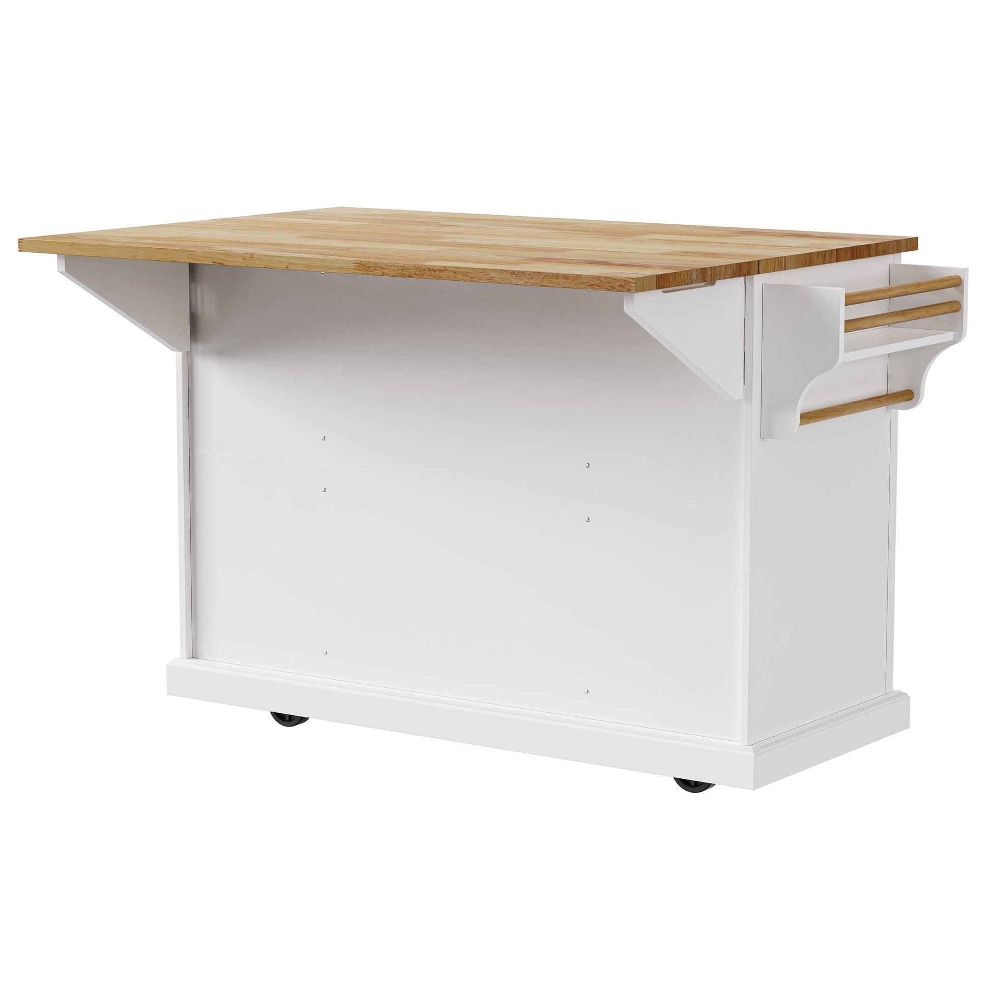 Annecy 54 inch white rolling kitchen island back view with extended wood drop leaf countertop and side towel rack storage bars