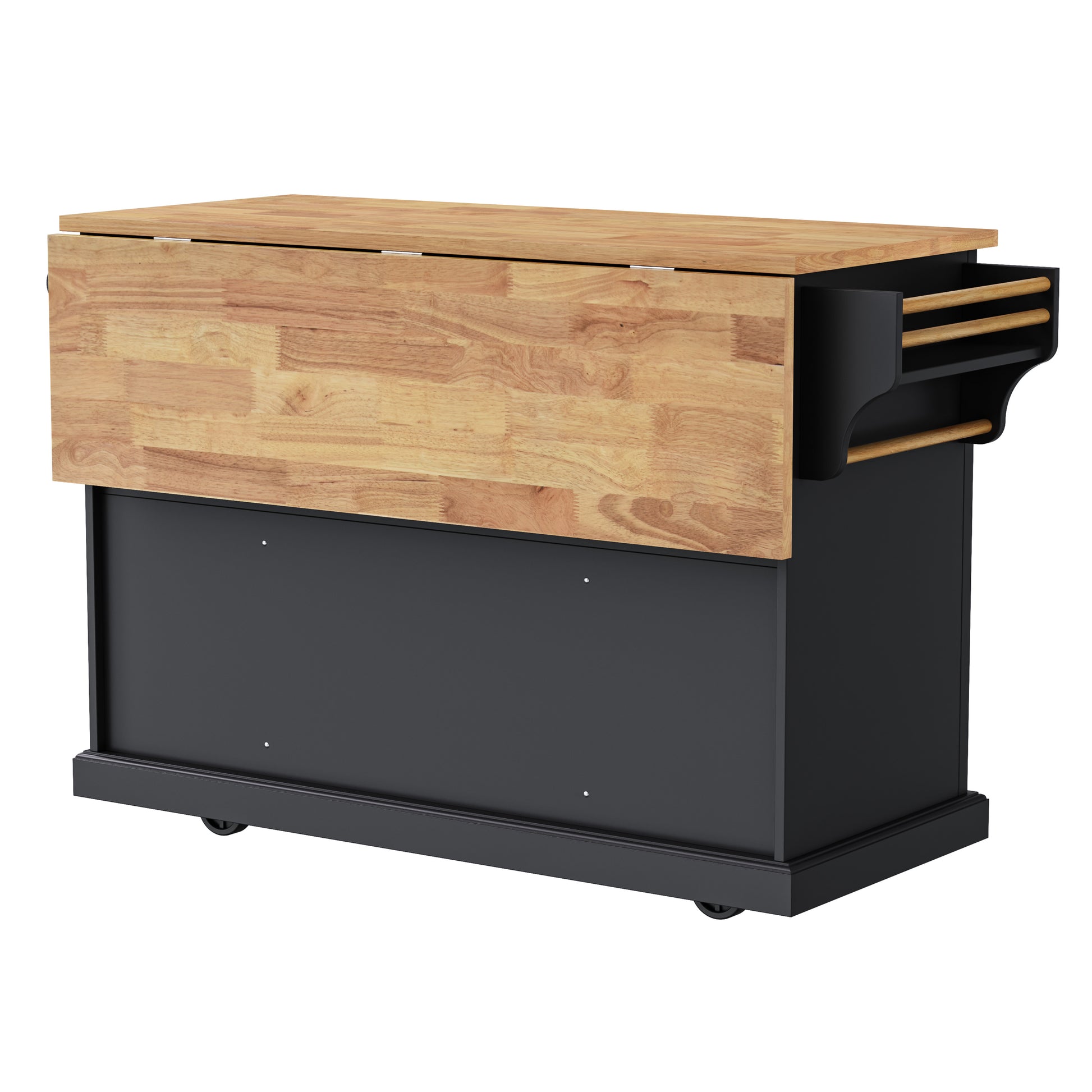 Annecy 54 inch black rolling kitchen island with foldable wood drop leaf countertop back view and side towel rack storage