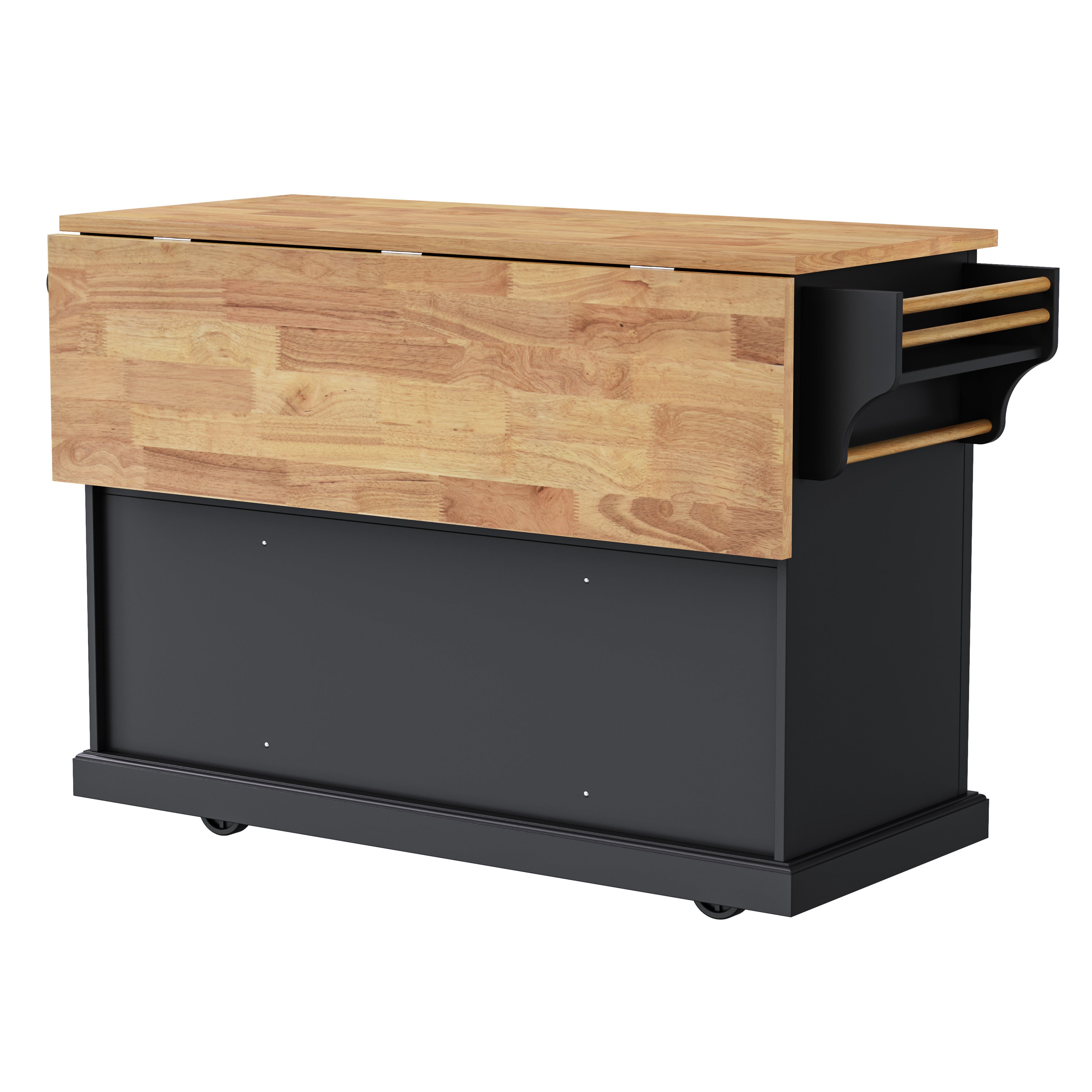 Annecy 54 inch black rolling kitchen island with foldable wood drop leaf countertop back view and side towel rack storage
