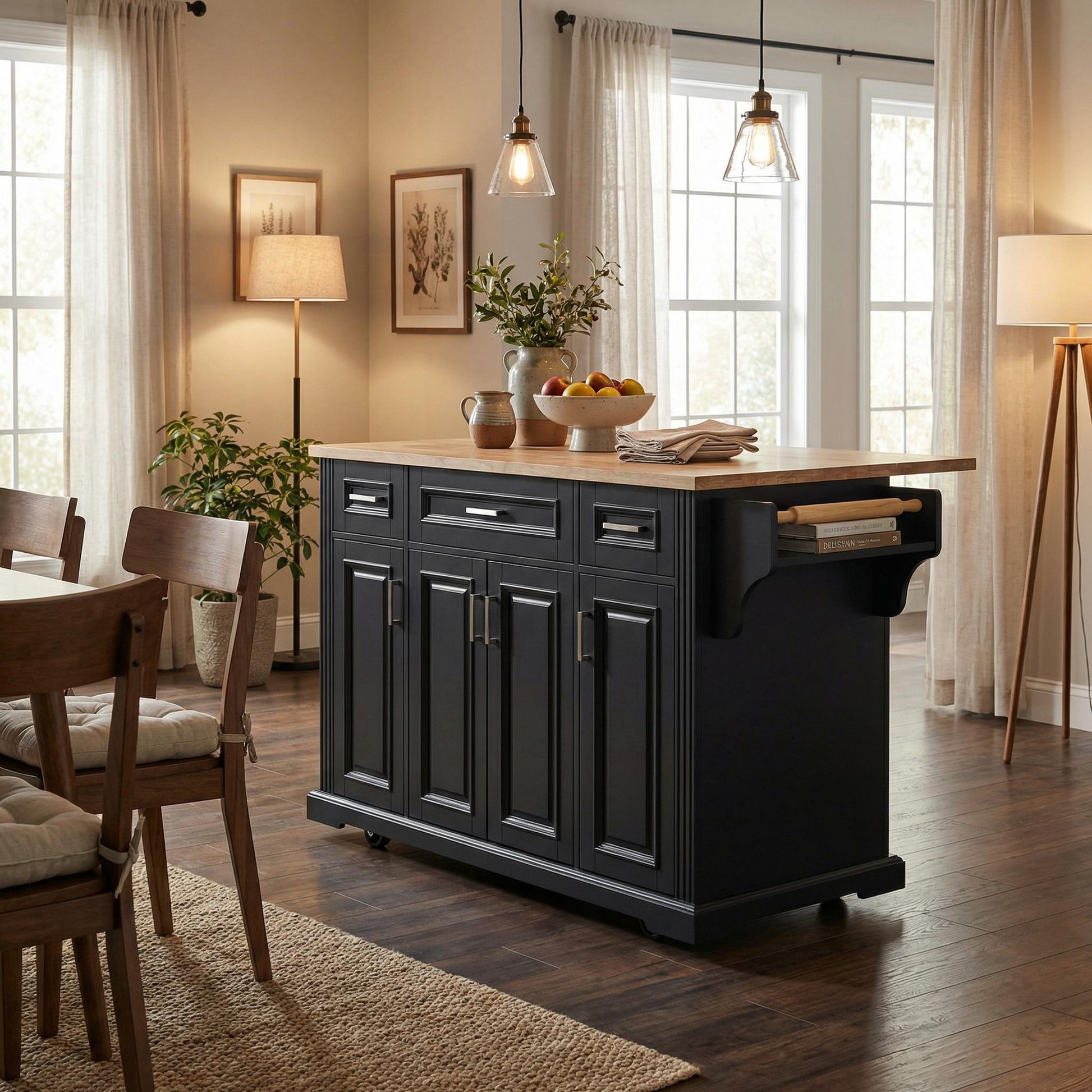 Annecy 54 inch black rolling kitchen island with wood drop leaf countertop in a warm farmhouse dining room setting