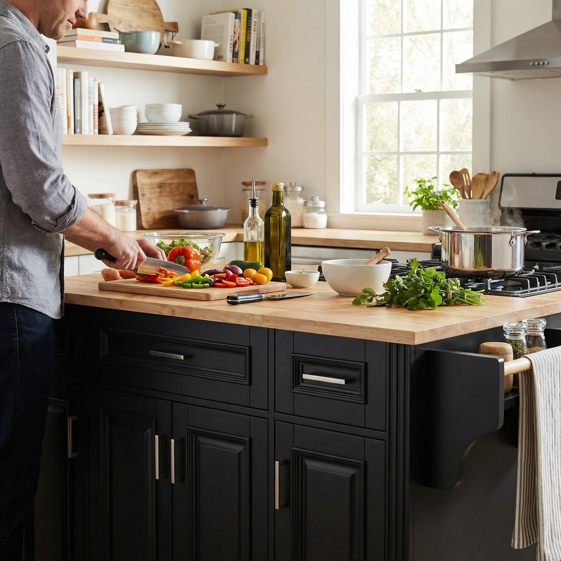 Annecy 54 inch black rolling kitchen island with wood countertop used for meal preparation in a modern farmhouse kitchen