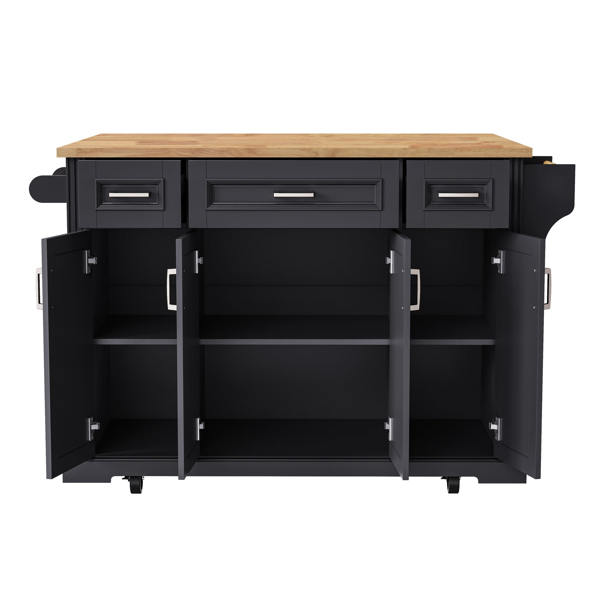 Annecy 54 inch black rolling kitchen island with open cabinet doors adjustable shelves drawers and wood countertop front view
